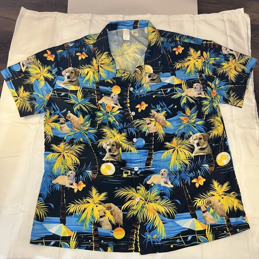Hawaiian Shirt with Golden Retriever Size Xl Palm Tree Print Short Sleeve Men's - Picture 2 of 7